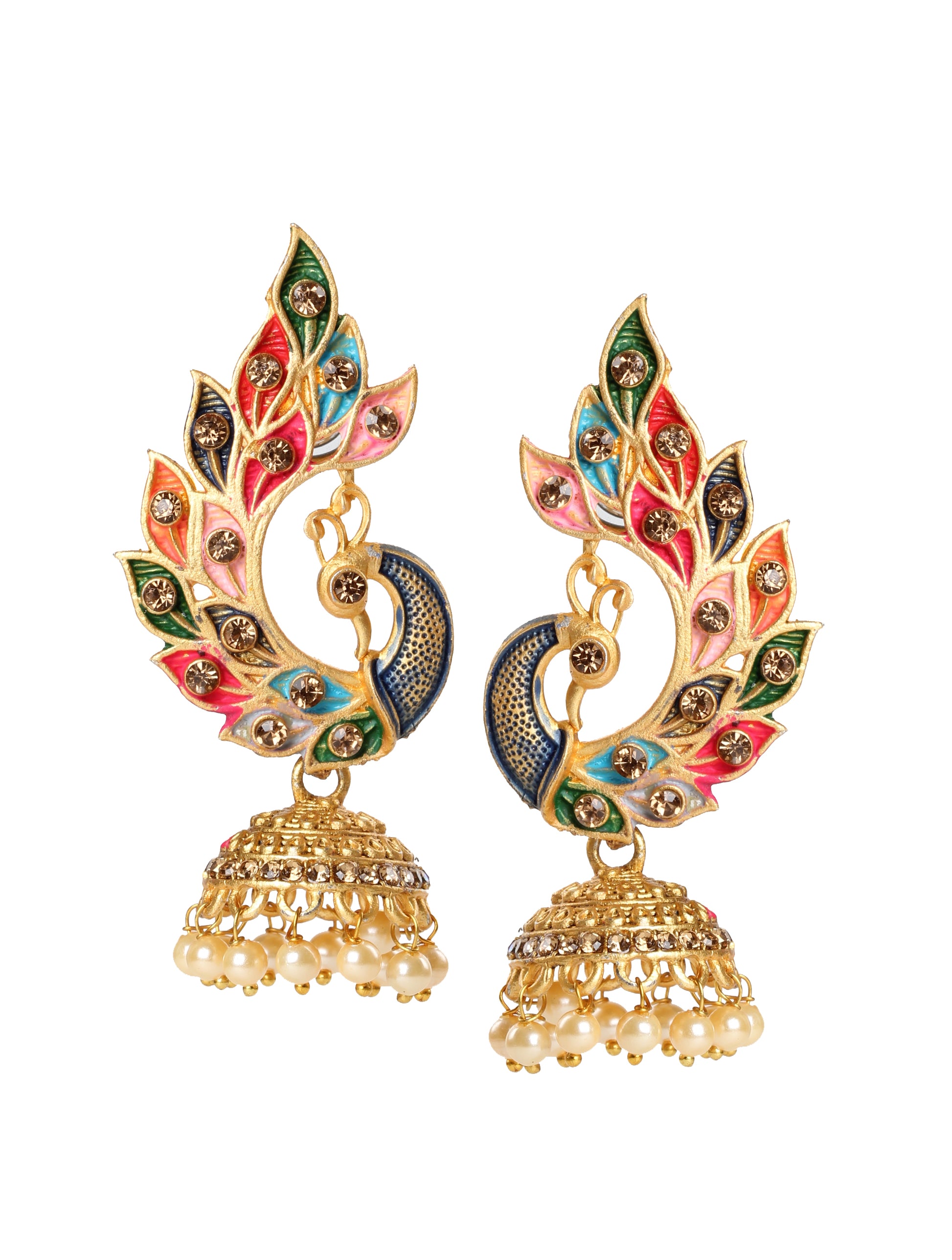 Bindhani gold plated beads meenakari work & golden stone peacock jhumka earrings