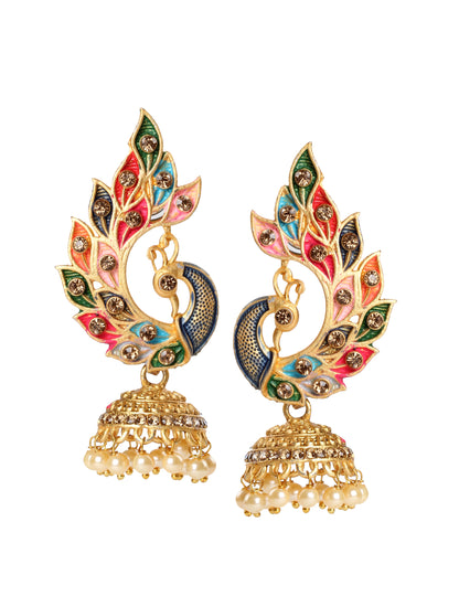 Bindhani gold plated beads meenakari work & golden stone peacock jhumka earrings