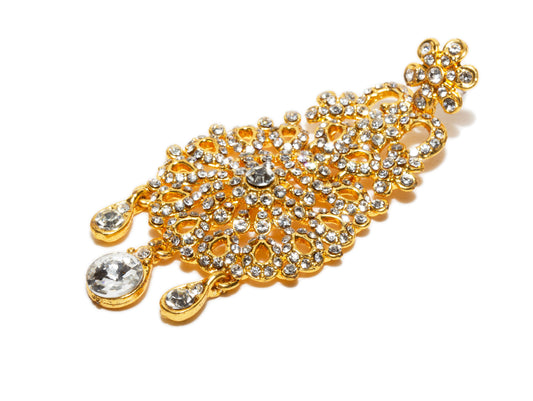 Bindhani close up picture of earrings stud showing stone work embedded in golden tone depicting side white background shoot