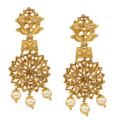 Bindhani gold plated flower shaped brown LCT stone golden pearl drop white background shewing details 