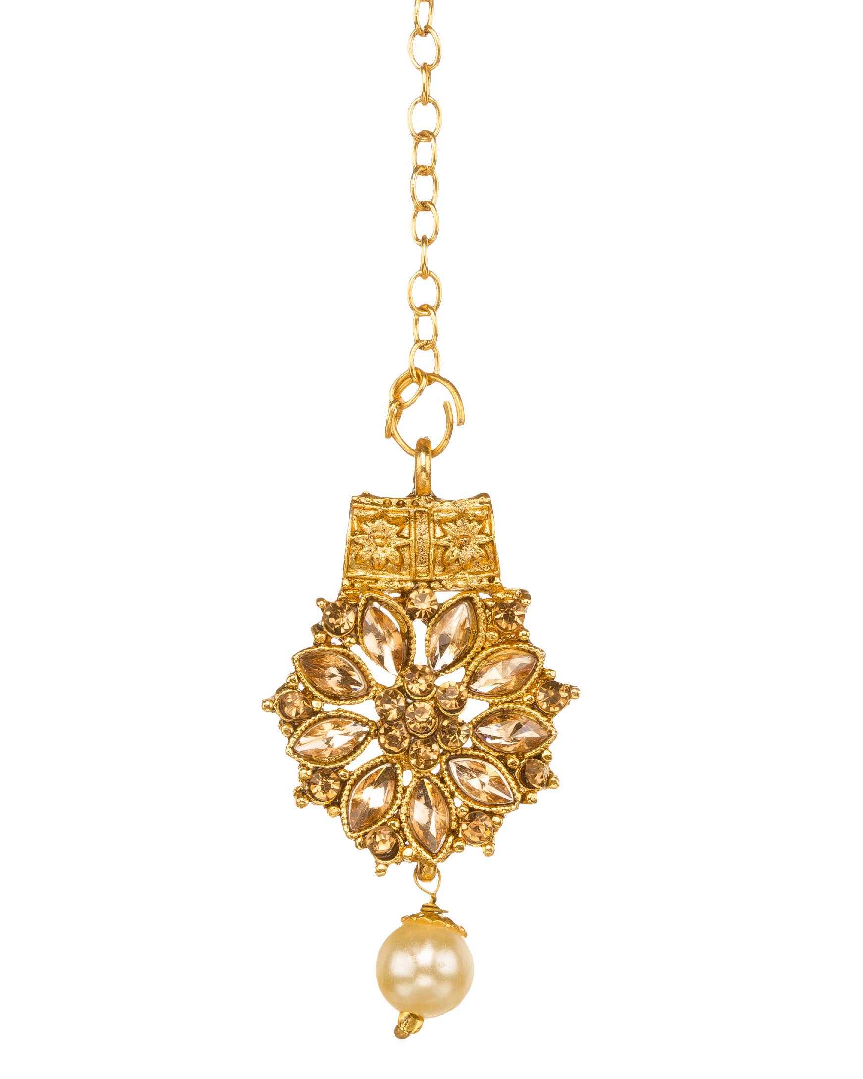 Bindhani gold plated flower shaped brown LCT stone tikka showing white background view 