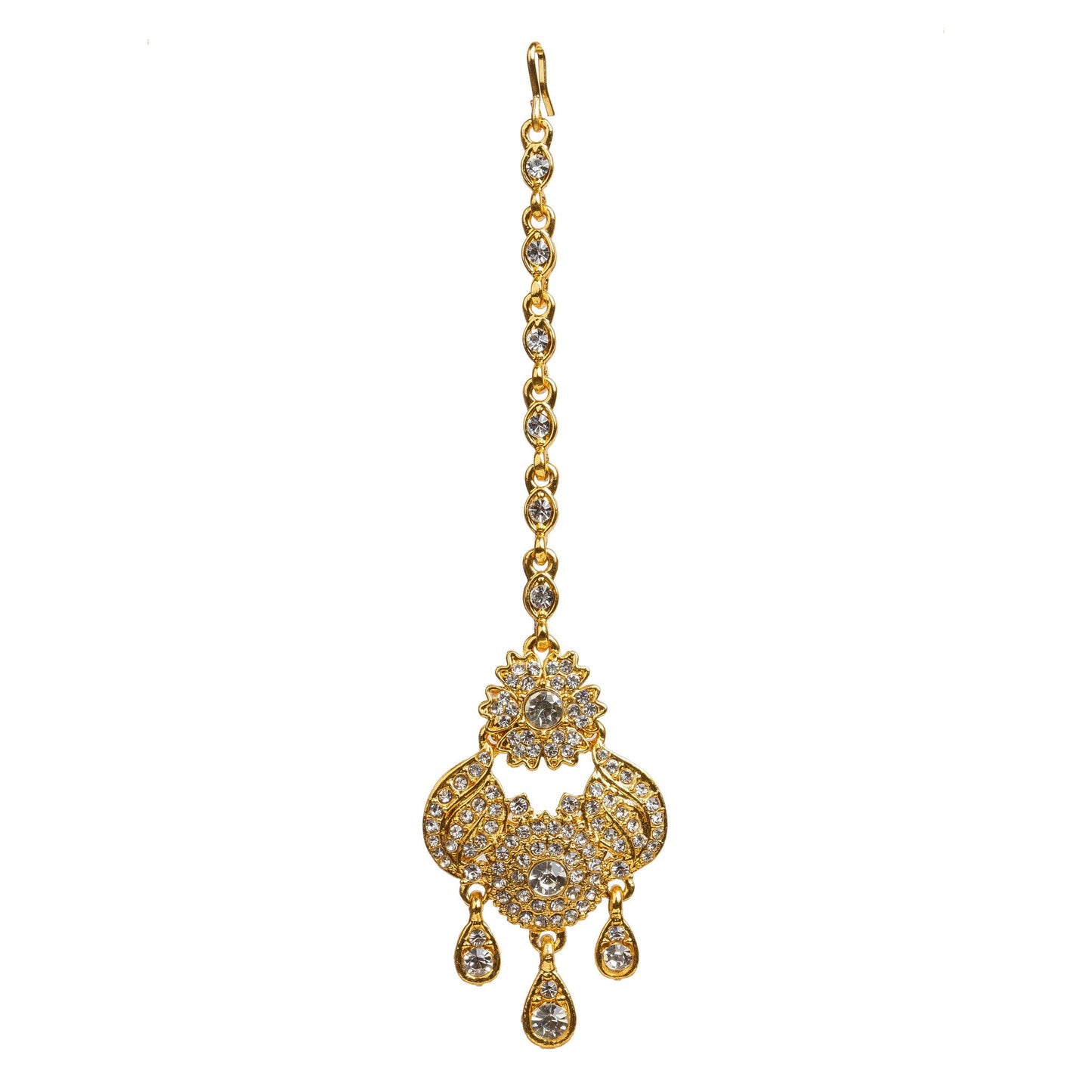 Bindhani gold plated maang tikka featuring a floral top with sparkling white stones, an elegant leaf-inspired openwork design, a round center stone, and three teardrop-shaped dangling stone drops. Traditional Indian forehead jewelry with an intricate design, displayed on a white background.