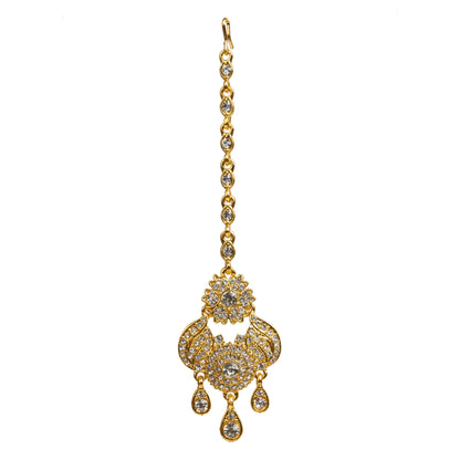 Bindhani gold plated maang tikka featuring a floral top with sparkling white stones, an elegant leaf-inspired openwork design, a round center stone, and three teardrop-shaped dangling stone drops. Traditional Indian forehead jewelry with an intricate design, displayed on a white background.