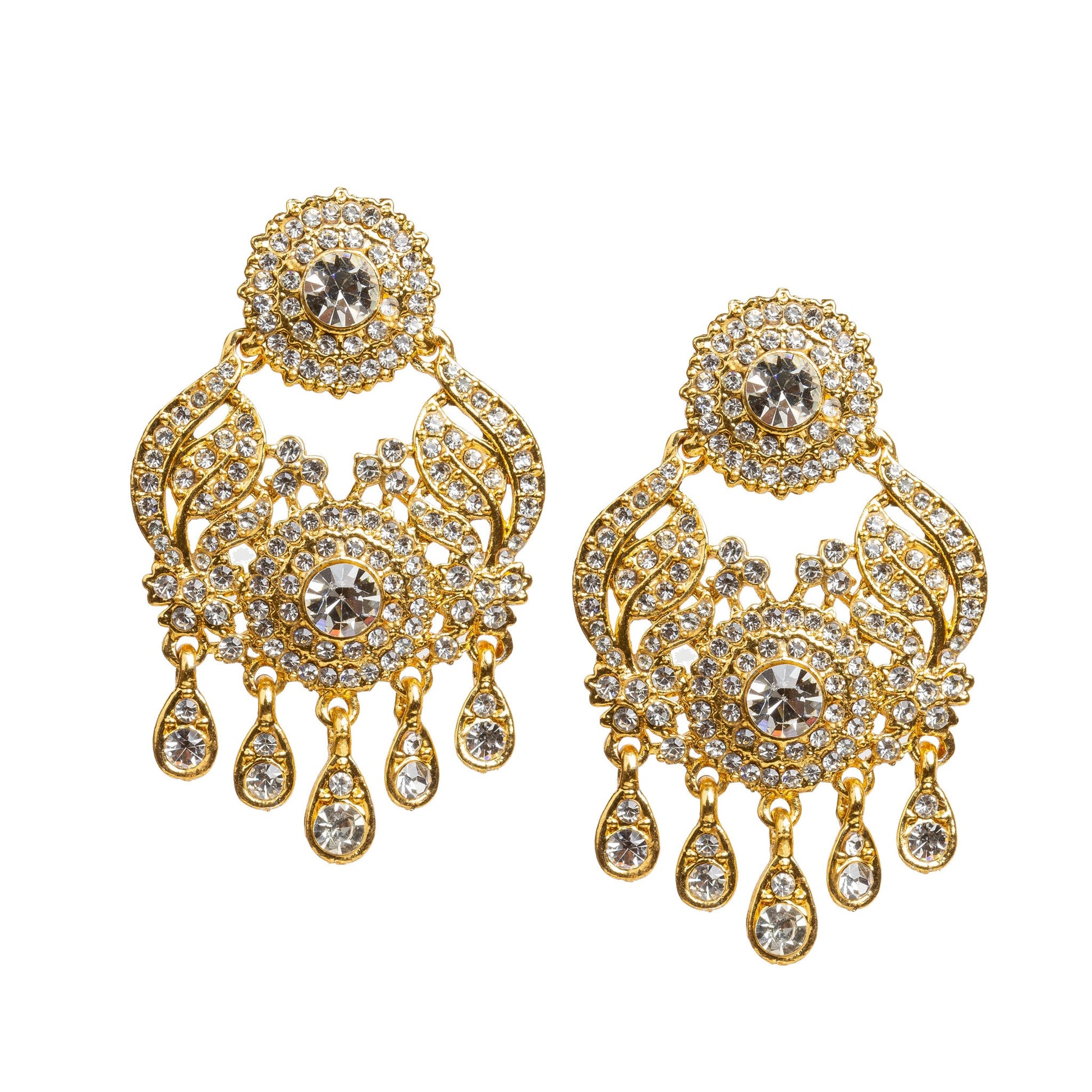 Bindhani gold plated statement earrings featuring a round floral stud with sparkling white stones, intricate leaf-inspired openwork detailing, a large round center stone, and five teardrop-shaped dangling stone drops. Elegant traditional Indian earrings with a radiant finish, displayed on a white background.