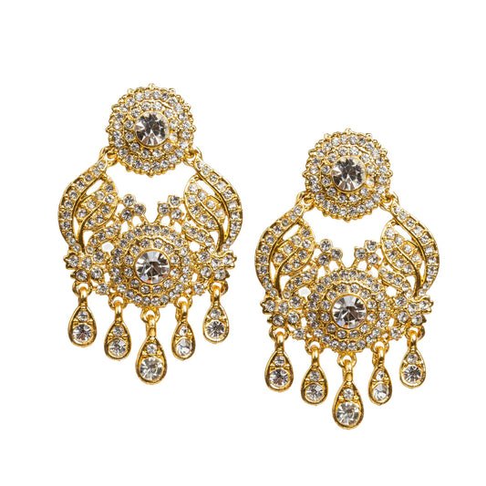 Bindhani gold plated statement earrings featuring a round floral stud with sparkling white stones, intricate leaf-inspired openwork detailing, a large round center stone, and five teardrop-shaped dangling stone drops. Elegant traditional Indian earrings with a radiant finish, displayed on a white background.