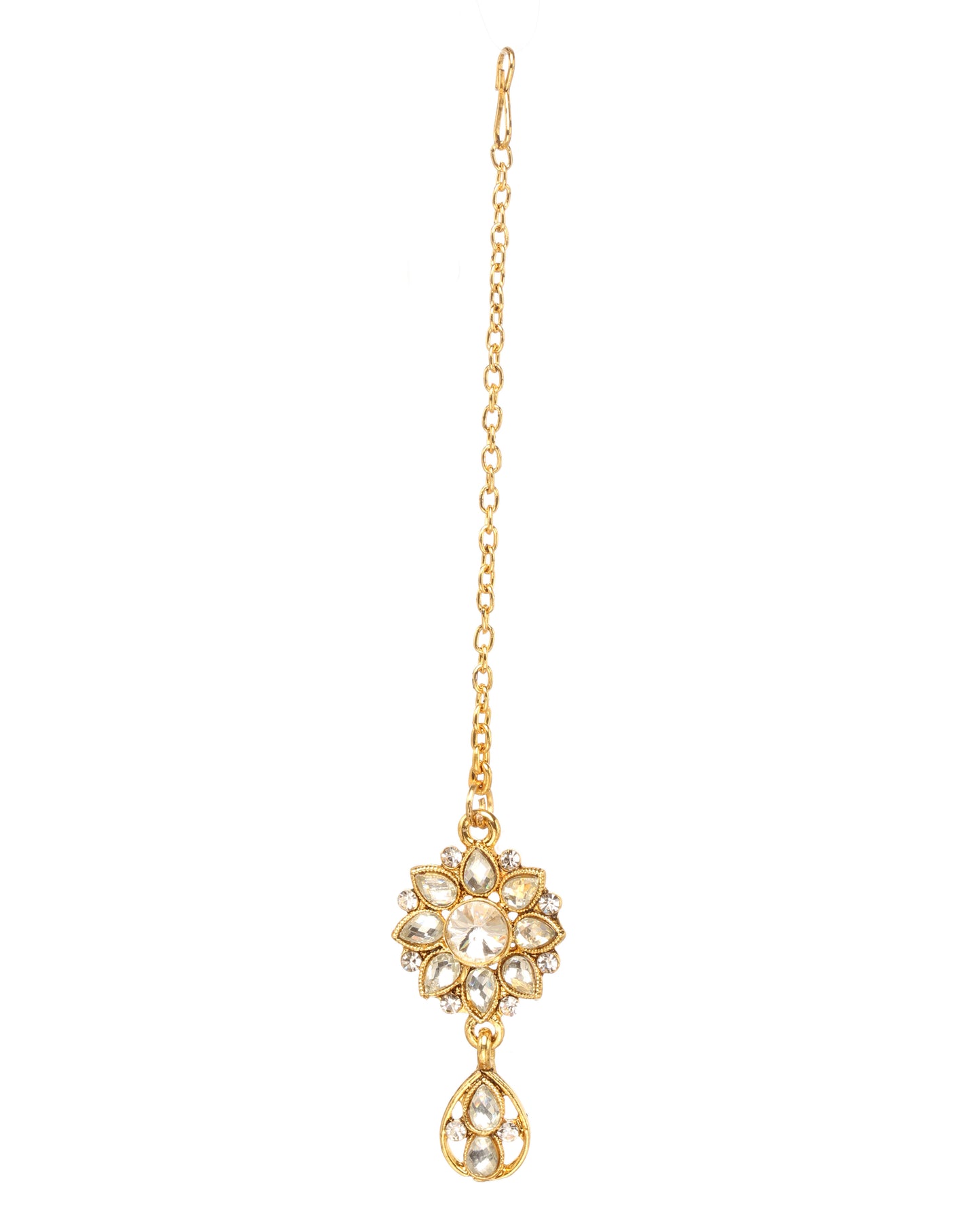 Bindhani gold-plated maang tikka featuring a floral design with sparkling white stones, a central round stone, intricate gold detailing, and a hanging teardrop charm. Traditional bridal hair accessory displayed on a white background.