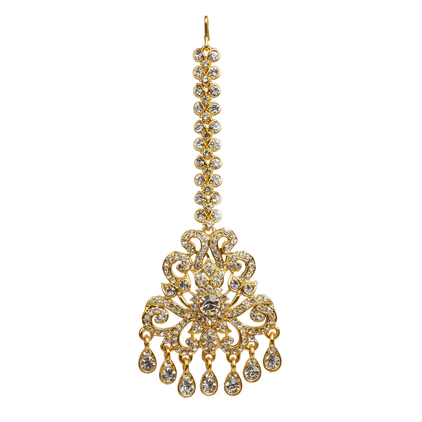 Bindhani gold plated white stone maang tikka featuring a decorative stone chain with an S hook, ornate floral and scrollwork design, a large round center white stone, and seven teardrop-shaped dangling stone drops. Traditional Indian bridal forehead jewelry displayed on a white background.