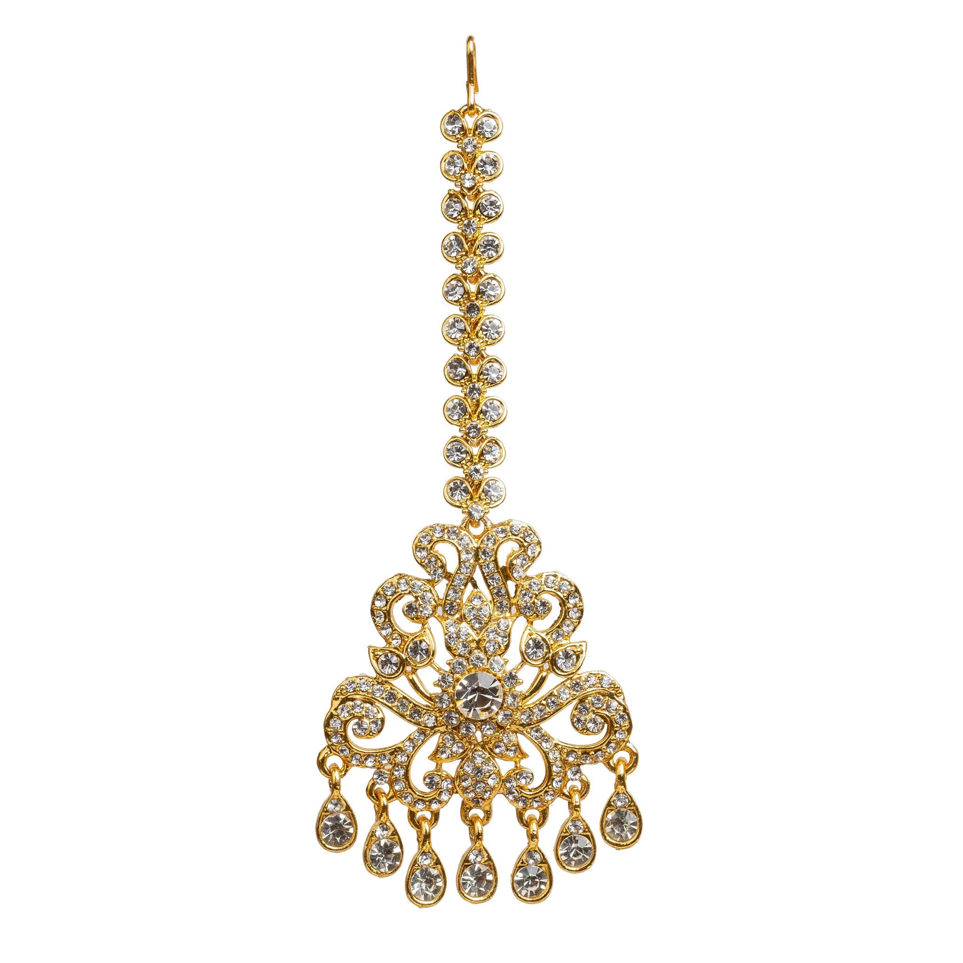 Bindhani gold plated white stone maang tikka featuring a decorative stone chain with an S hook, ornate floral and scrollwork design, a large round center white stone, and seven teardrop-shaped dangling stone drops. Traditional Indian bridal forehead jewelry displayed on a white background.