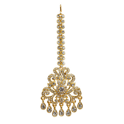 Bindhani gold plated white stone maang tikka featuring a decorative stone chain with an S hook, ornate floral and scrollwork design, a large round center white stone, and seven teardrop-shaped dangling stone drops. Traditional Indian bridal forehead jewelry displayed on a white background.