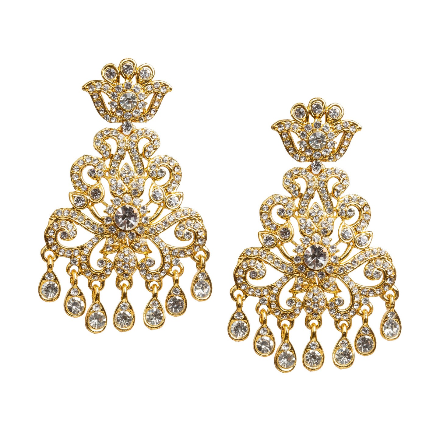 Bindhani gold plated white stone statement earrings featuring a crown-inspired stud, intricate floral and scrollwork open design, a large round center stone, and seven teardrop-shaped dangling white stone drops. Traditional Indian earrings with a sparkling finish, displayed on a white background.