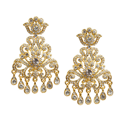 Bindhani gold plated white stone statement earrings featuring a crown-inspired stud, intricate floral and scrollwork open design, a large round center stone, and seven teardrop-shaped dangling white stone drops. Traditional Indian earrings with a sparkling finish, displayed on a white background.