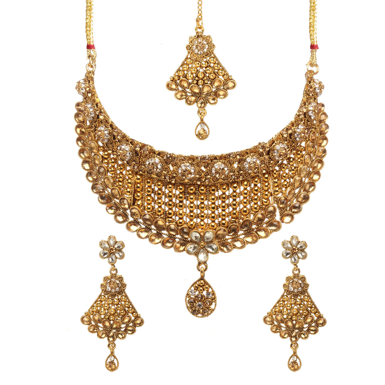 Bindhani gold-plated choker necklace set featuring intricate filigree lattice detailing, floral motifs, champagne stones, crystal embellishments, and a teardrop pendant. The set includes matching floral drop earrings and a coordinating maang tikka with teardrop danglers, displayed on a white background.