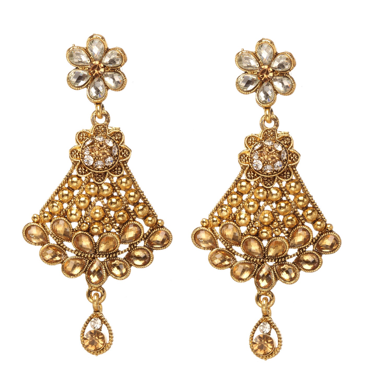 Bindhani golden-plated drop earrings featuring a floral stud, intricate filigree lattice design, champagne stones, crystal embellishments, and a teardrop-shaped dangling charm. Displayed on a white background.