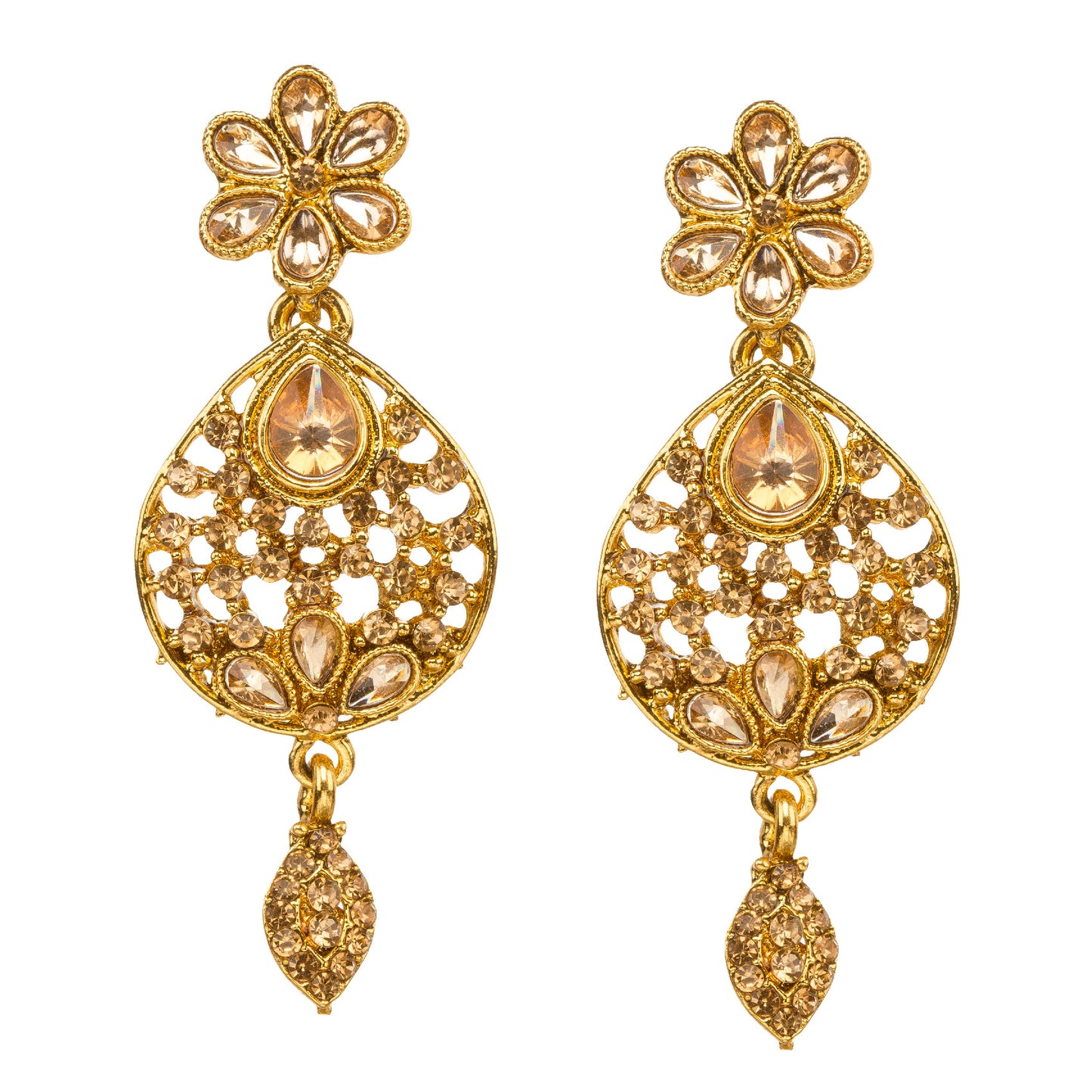 Front view white background Bindhani gold-plated floral earrings for women featuring intricate filigree design, sparkling stone embellishments
