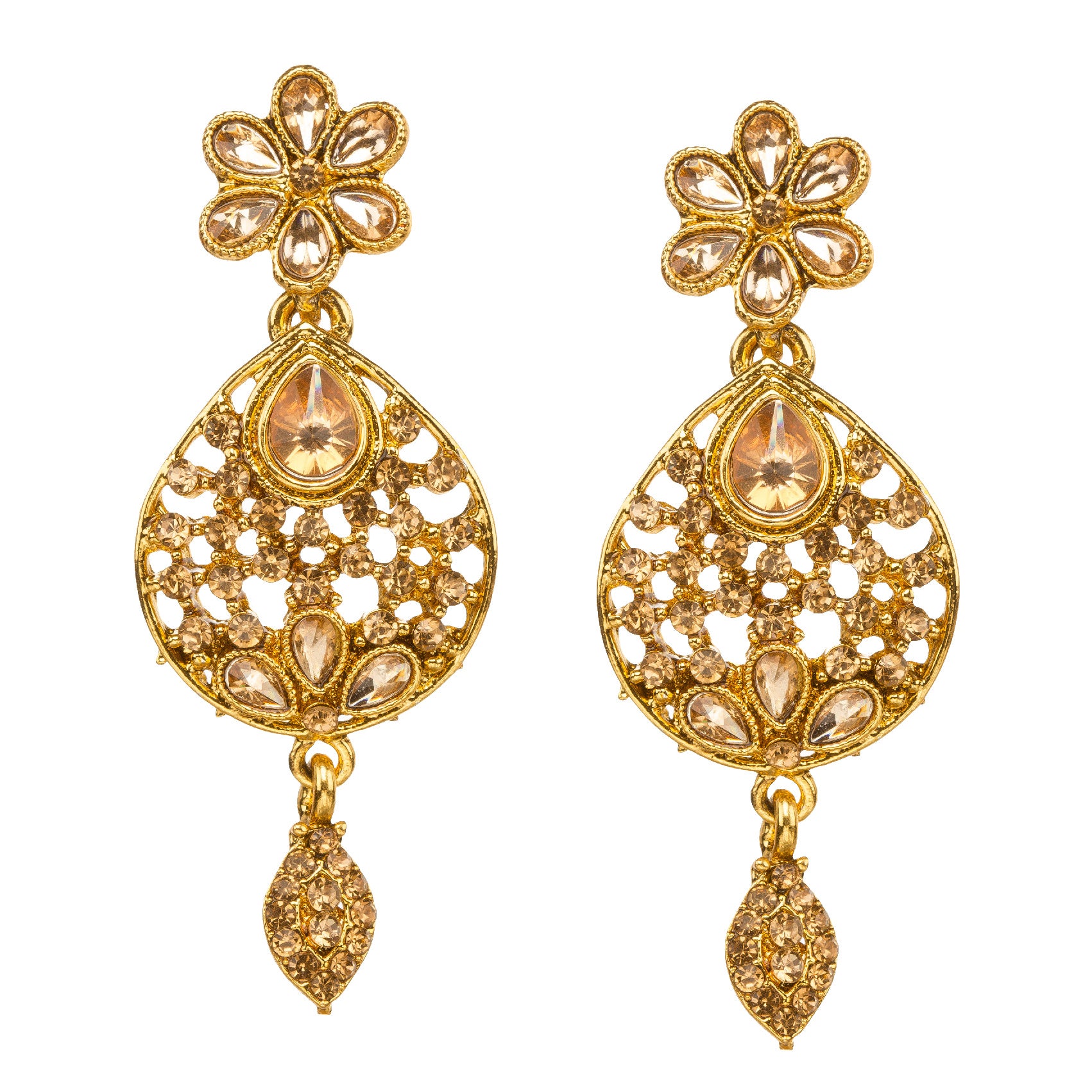 Front view white background Bindhani gold-plated floral earrings for women featuring intricate filigree design, sparkling stone embellishments