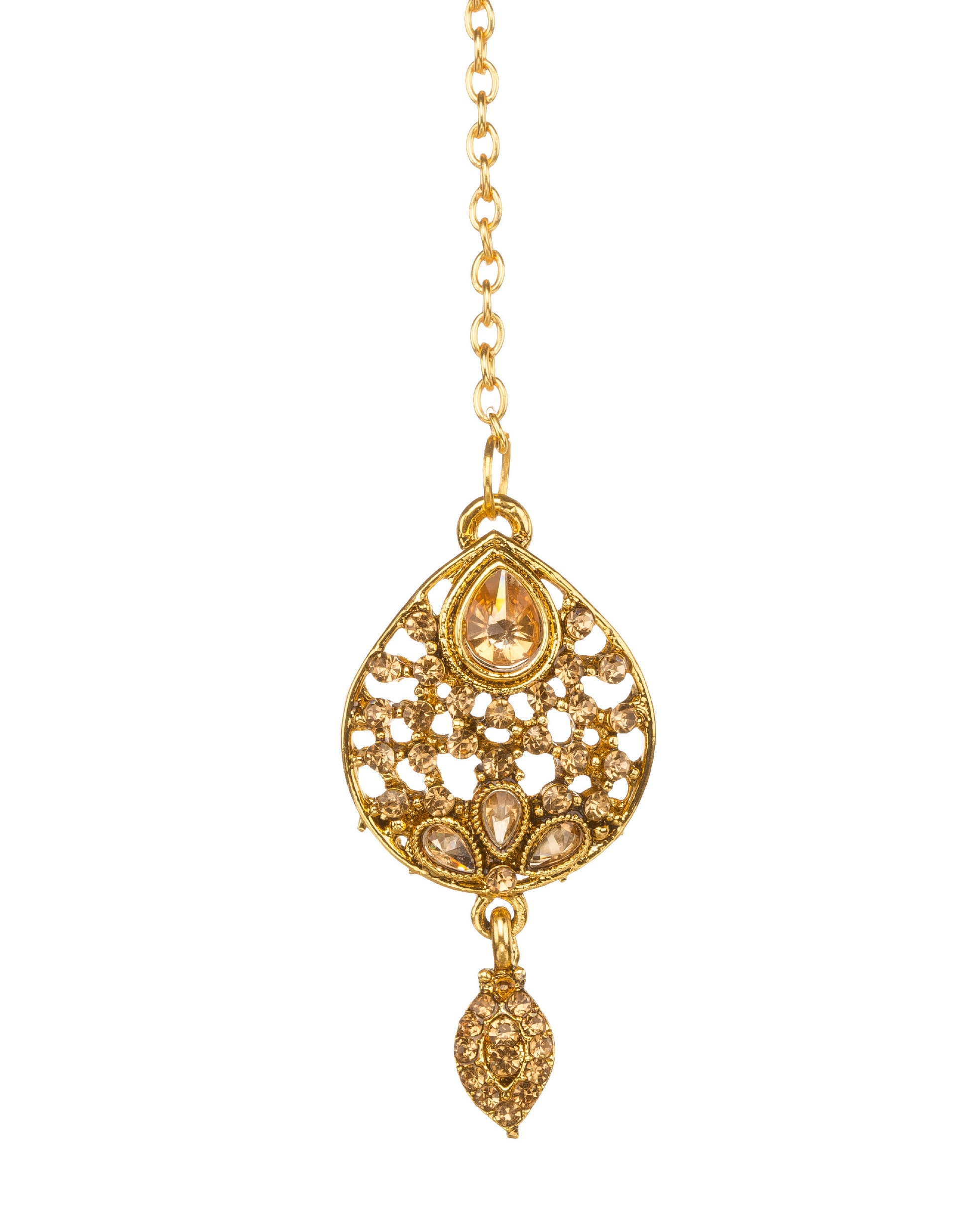 Bindhani golden-plated floral maang tikka for women featuring an intricate flower design, sparkling stone embellishments, elegant gold detailing, and a hanging teardrop charm on a white background