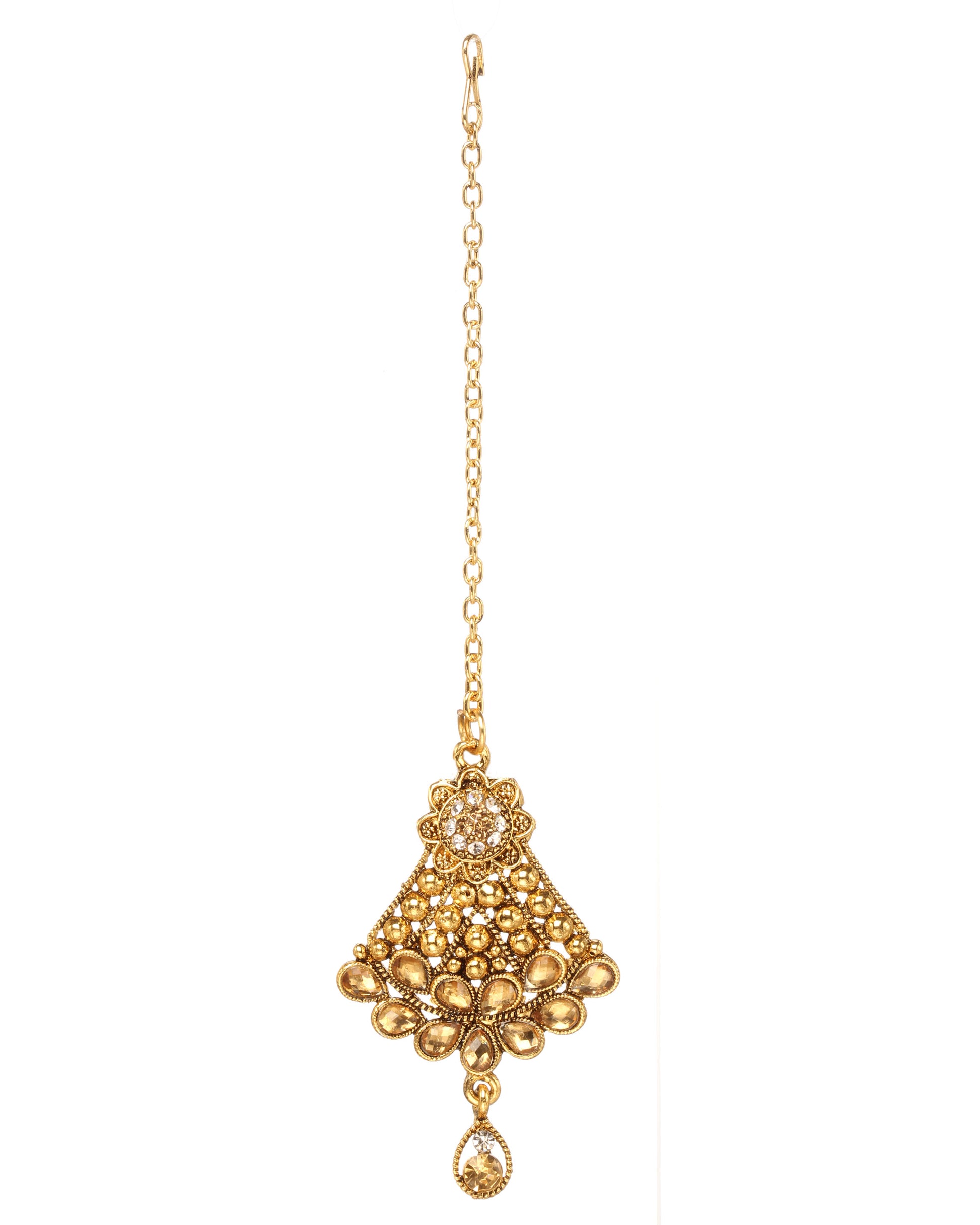 Bindhani golden-plated maang tikka featuring a floral top, intricate filigree lattice detailing, champagne stones, crystal embellishments, and a teardrop-shaped dangling charm. Displayed on a white background.