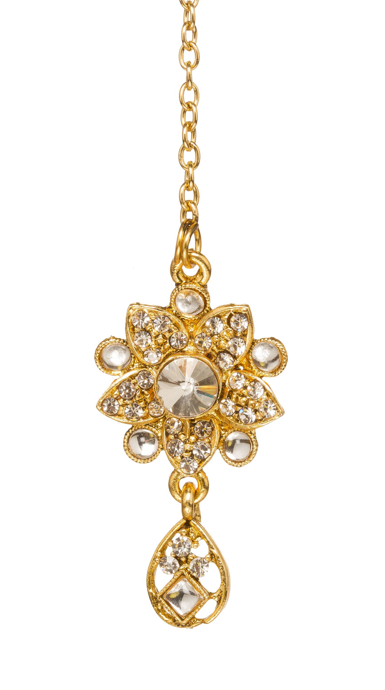 Bindhani gold-plated maang tikka featuring a floral design with a central round white stone, sparkling white stone accents, intricate gold detailing, and a hanging teardrop charm. Traditional bridal hair accessory with elegant stone embellishments, displayed on a white background.