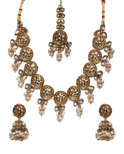 Bindhani mehndi-plated LCT stone choker set with earrings and tikka for women
