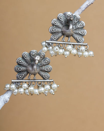 Bindhani oxidized silver peacock design earrings for women