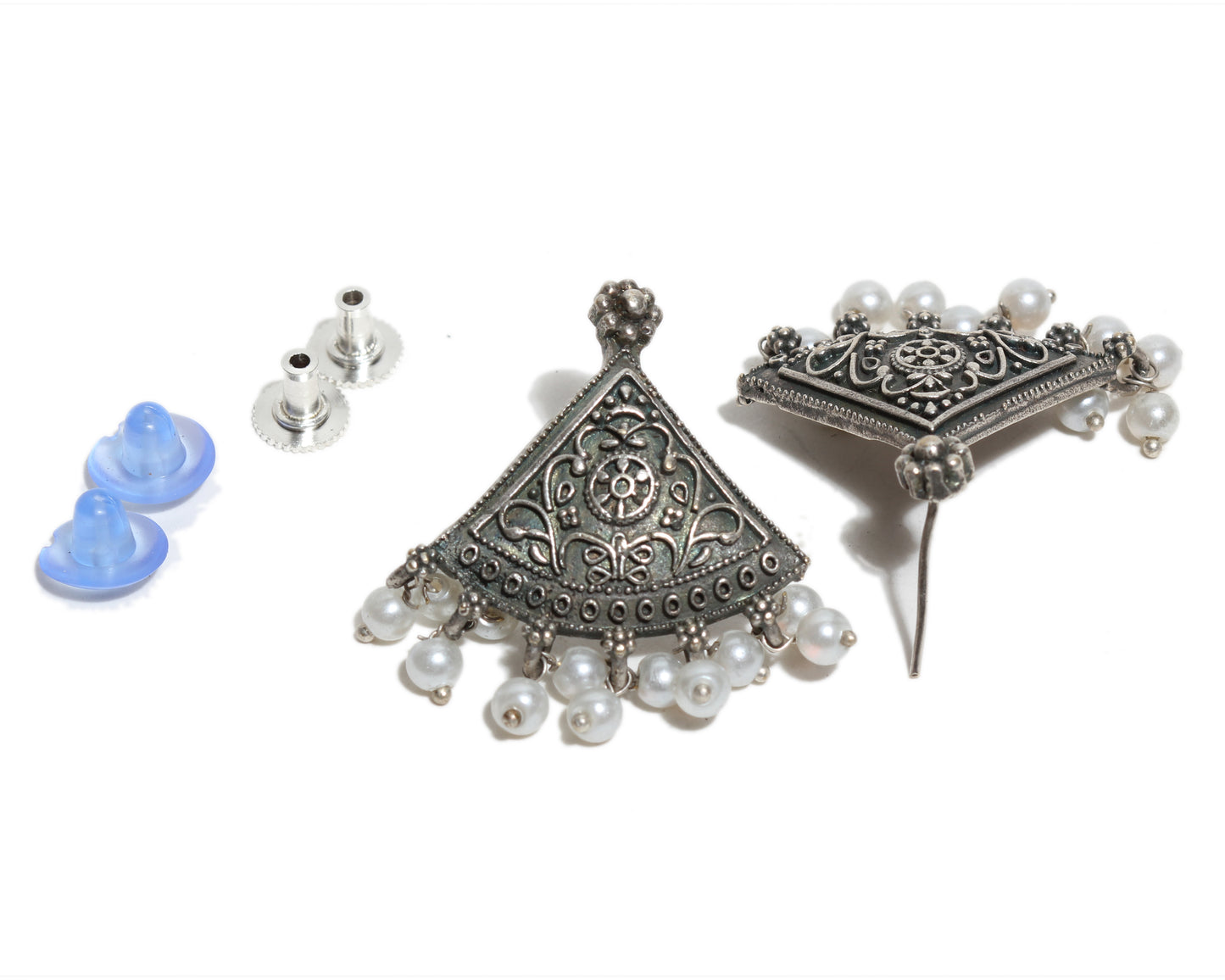 Bindhani Oxidized silver triangular earrings with intricate floral design and dangling white pearls, traditional handcrafted earrings for women showing two types of post locks