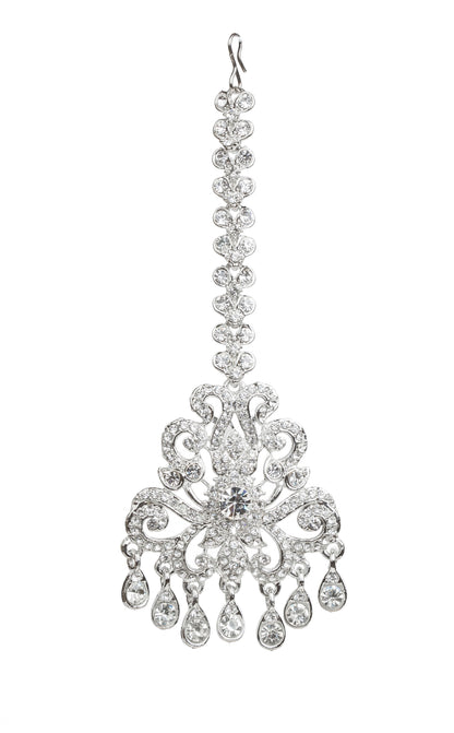 Bindhani silver plated white stone maang tikka featuring a decorative stone chain, intricate floral scrollwork design, a large central white stone, and multiple teardrop-shaped hanging white stone drops. Traditional Indian bridal forehead jewelry displayed on a white background.