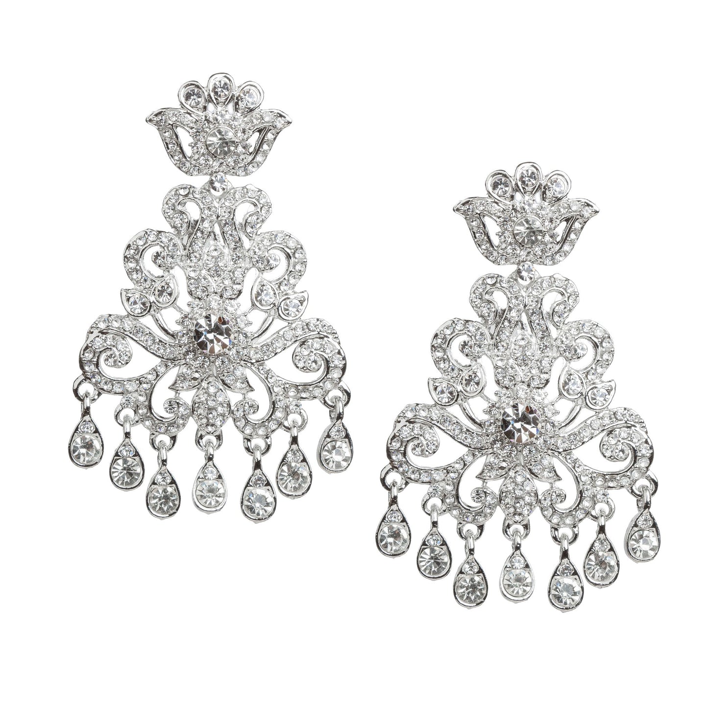 Bindhani silver plated white stone statement earrings featuring a crown-inspired top, intricate floral scrollwork design, a large round white stone centerpiece, and multiple teardrop-shaped hanging white stone drops. Elegant traditional Indian earrings with a sparkling finish, displayed on a white background.