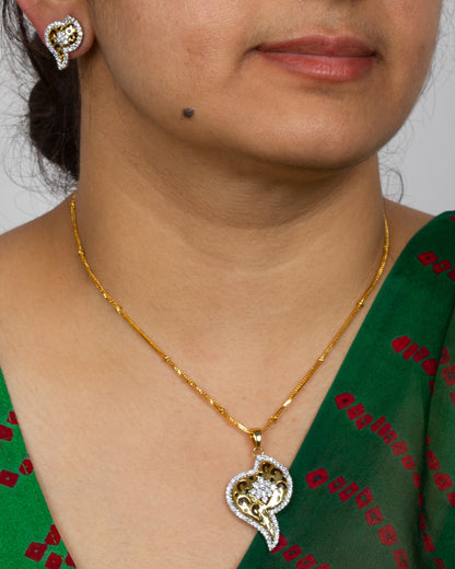 Elegant Bindhani traditional cubic zirconia stone jewelry set featuring a gold-finish pendant necklace with sparkling white stones and intricate floral paisley craftsmanship. Paired with matching designer stud earrings, this ethnic jewelry set complements sarees, salwar suits, and festive wear perfectly.