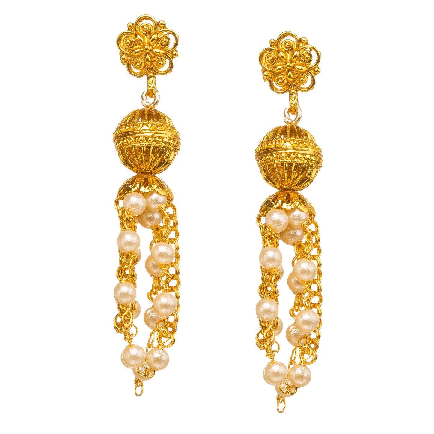 Close-up of gold-plated textured bead earrings with hanging pearl strands, 