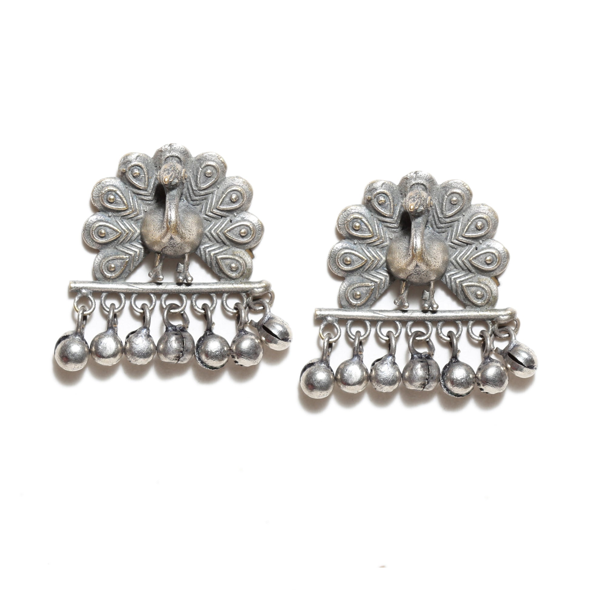 Dancing-Peacock-Drop-White-Beads-Oxidised-Silver-Earring