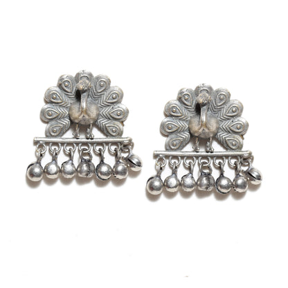 Dancing-Peacock-Drop-White-Beads-Oxidised-Silver-Earring