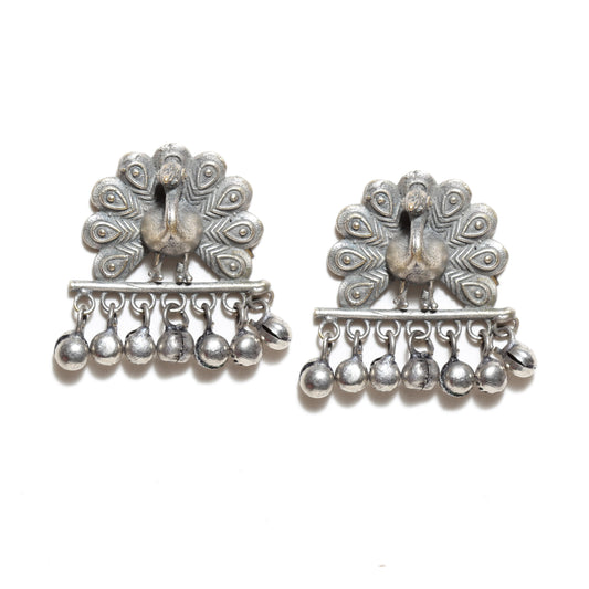 Dancing-Peacock-Drop-White-Beads-Oxidised-Silver-Earring