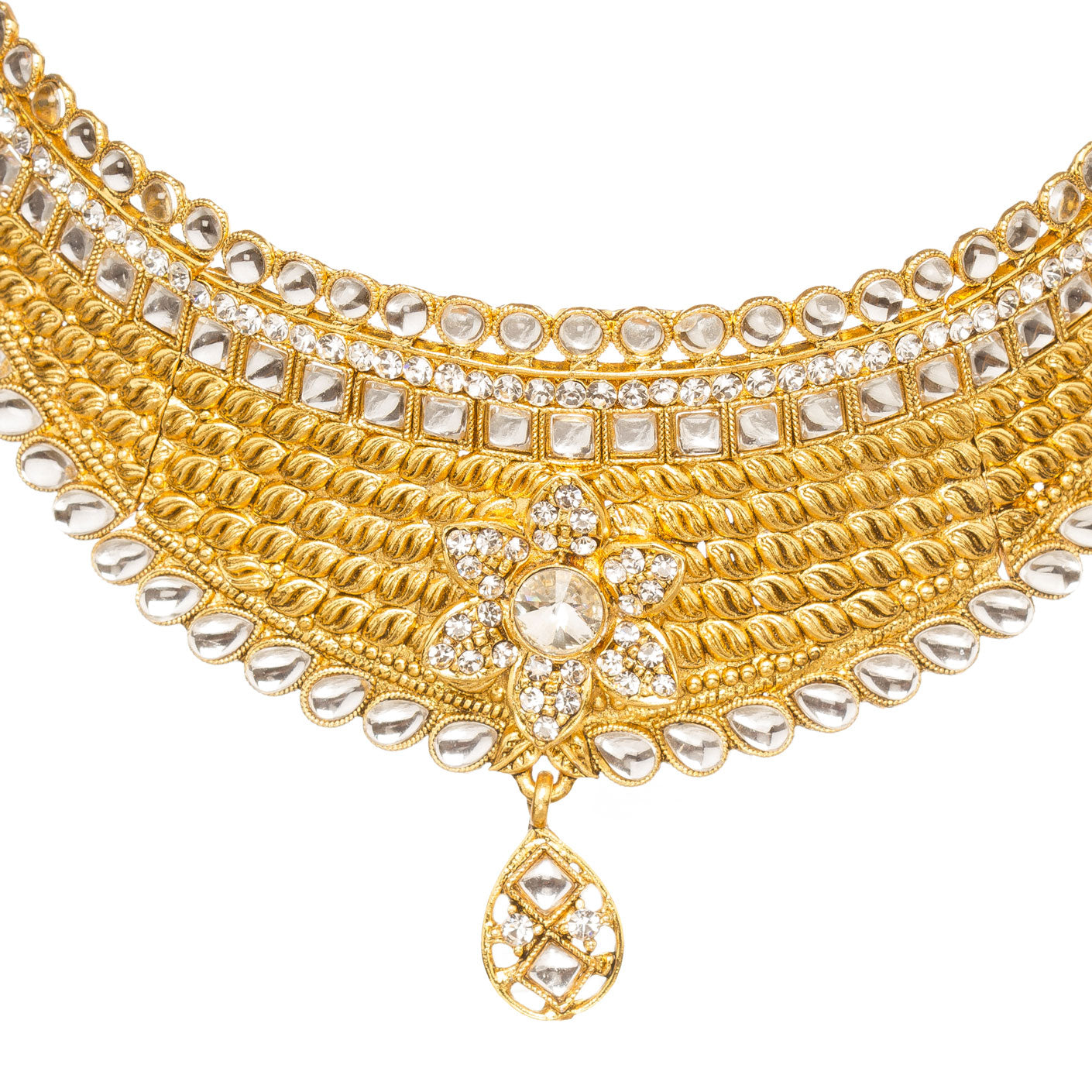 Front view of Bindhani gold-plated bridal choker necklace set featuring layered twisted gold detailing, white kundan stone border accents, floral centerpiece design,The complete jewelry set displayed on a clean white background.