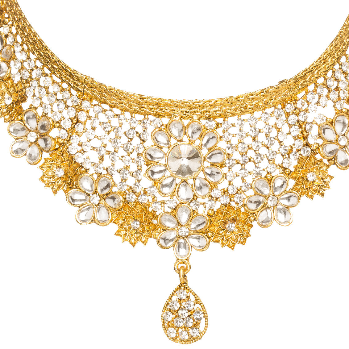 Front view of Bindhani gold-plated choker necklace featuring white Kundan stones, floral motifs, intricate open lattice detailing, crystal embellishments, and a teardrop-shaped crystal pendant. Displayed on a white background.