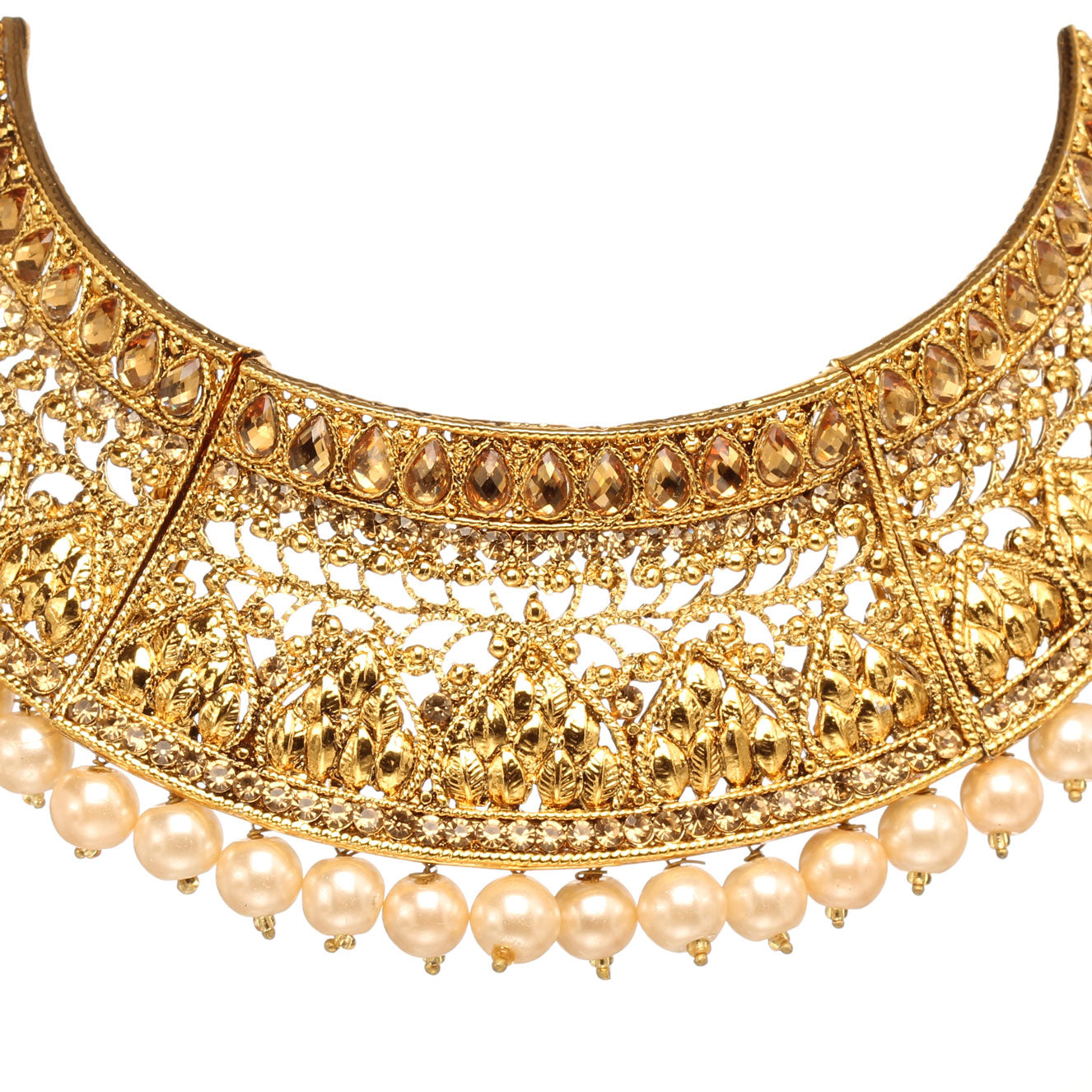 Front view of Bindhani gold-plated choker necklace featuring intricate filigree openwork, floral and leaf motifs, textured detailing, a row of teardrop-shaped accents, and pearl bead drops along the lower edge. Displayed on a white background.