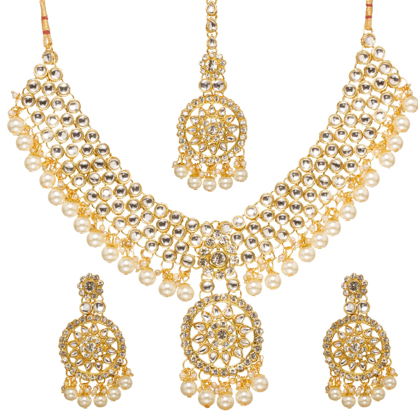 Gold-plated kundan bridal necklace set with matching earrings and maang tikka, pearl drops