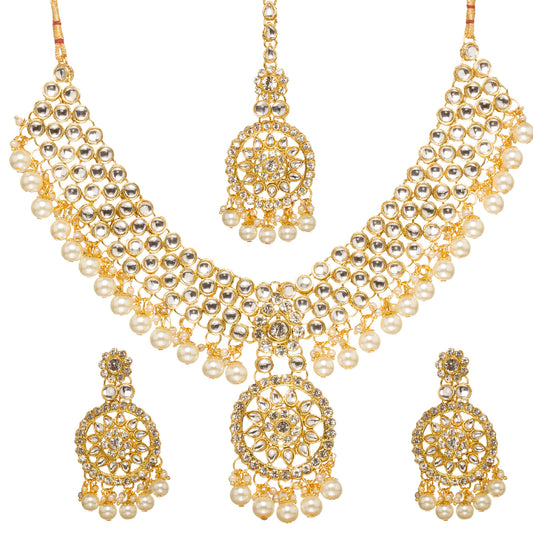 Gold-plated kundan bridal necklace set with matching earrings and maang tikka, pearl drops