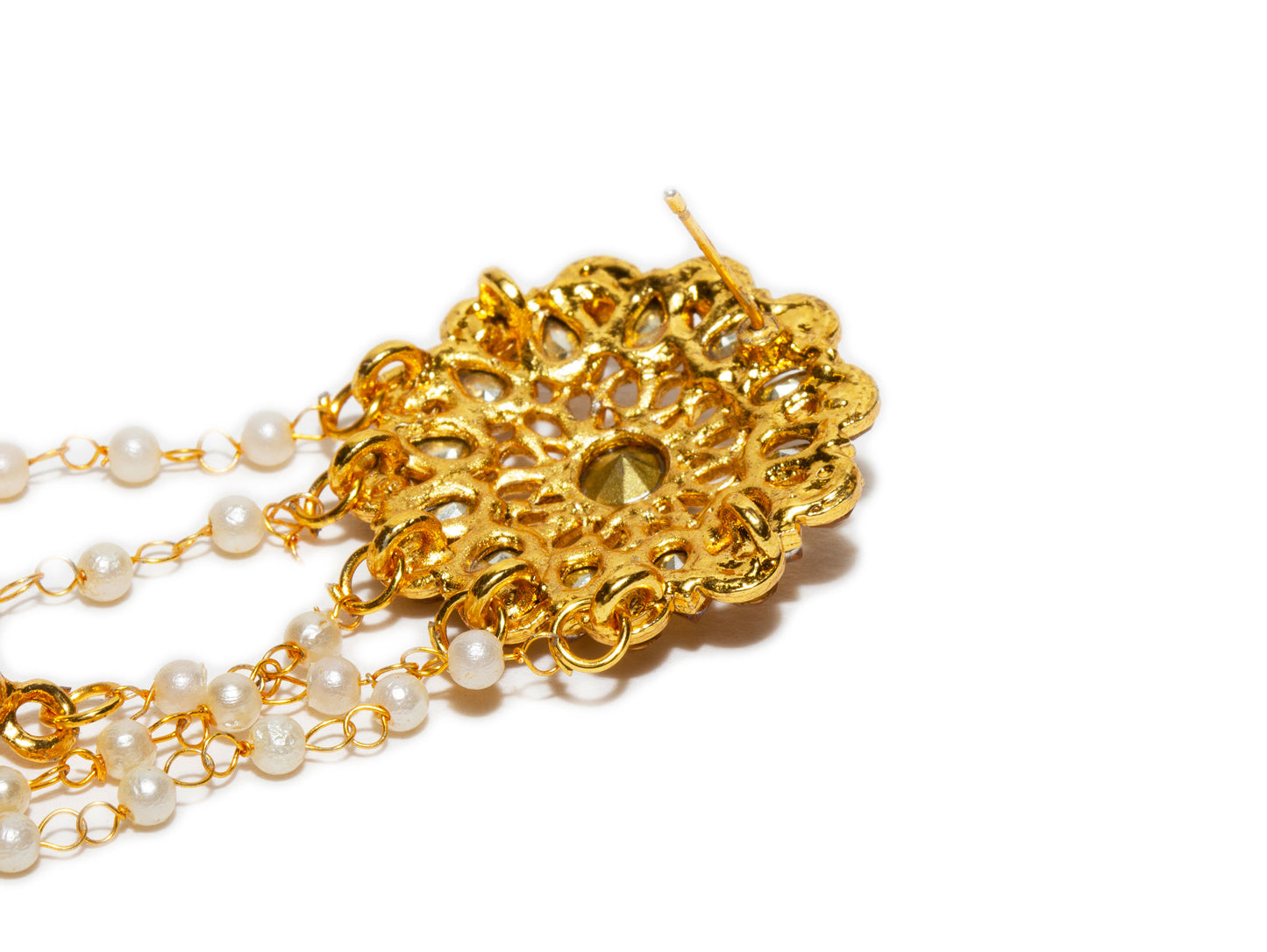 Gold necklace with pearl chain on a white background