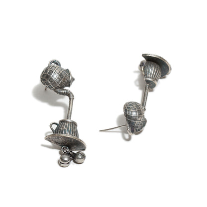 Oxidized Brass Silver Trending Latest Stylish Boho Chai Ketli Stud Earrings