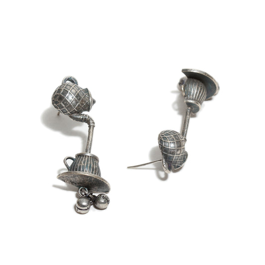 Oxidized Brass Silver Trending Latest Stylish Boho Chai Ketli Stud Earrings