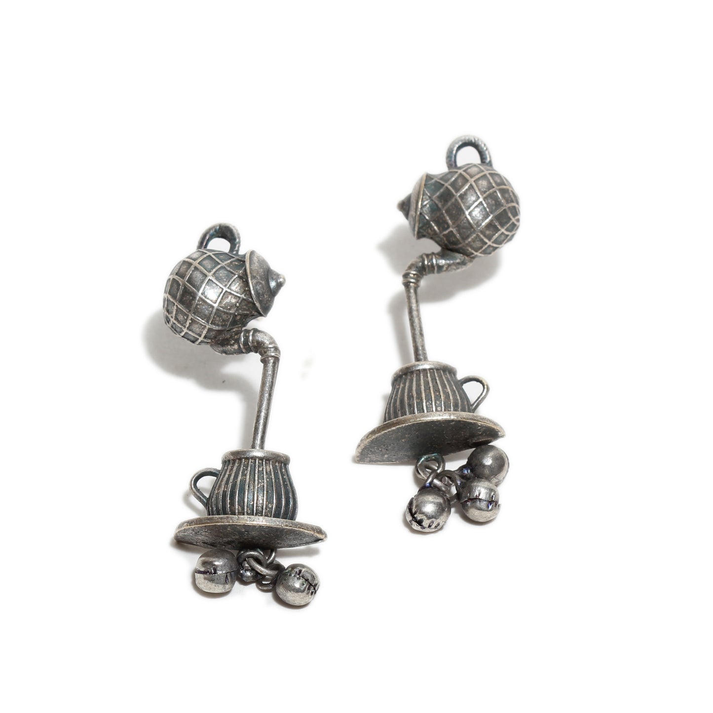 Oxidized Brass Silver Trending Latest Stylish Boho Chai Ketli Stud Earrings