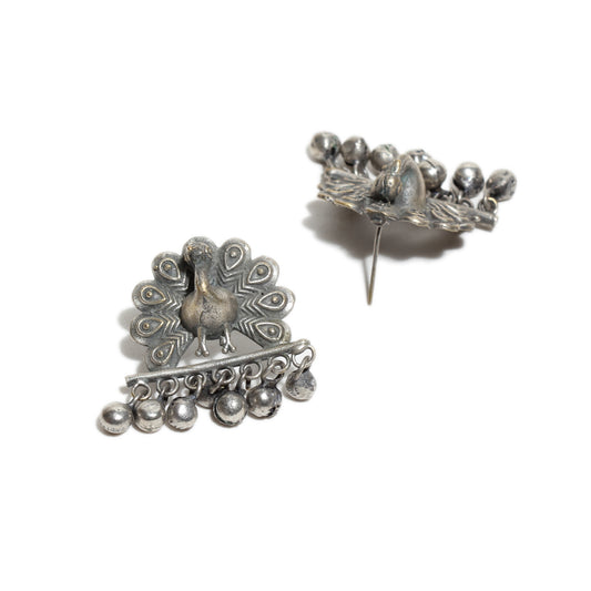 Oxidized Silver-tone Peacock Design Earrings