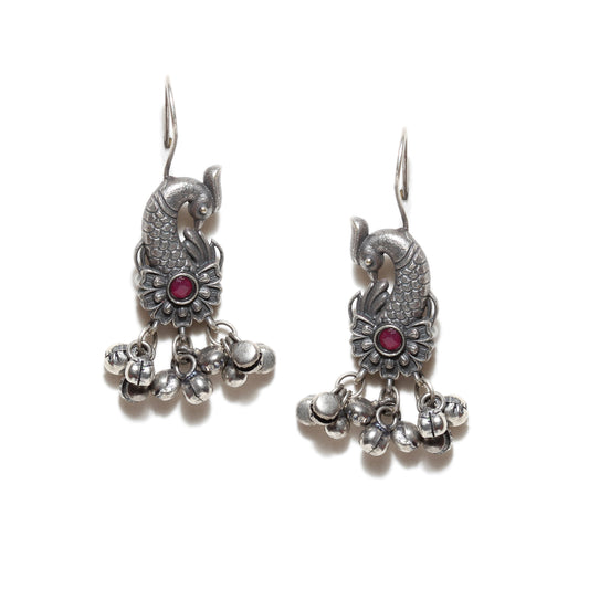 Oxidized-Silver-Peacock-Ghuguro-Fish-Hook-Earrings