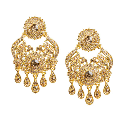 Bindhani gold plated LCT stone statement earrings featuring a round floral stud, intricate leaf-inspired openwork detailing, a large round center LCT stone, and five teardrop-shaped dangling LCT stone drops. Elegant traditional Indian earrings with a sparkling finish, displayed on a white background.