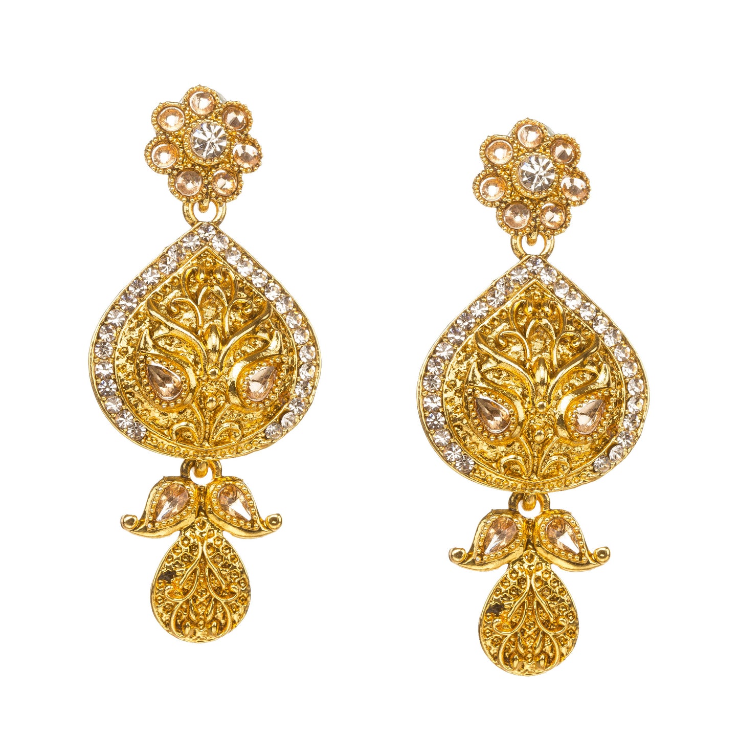 Traditional gold drop earrings featuring a teardrop-shaped design with intricate floral filigree, sparkling white stone accents, and a dangling paisley-inspired drop, perfect for bridal and festive wear, displayed on a white background.