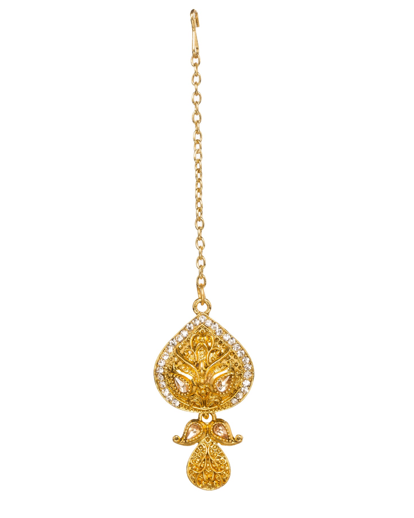 Traditional gold maang tikka featuring a teardrop-shaped design with intricate floral filigree, sparkling white stone accents, and a delicate paisley-inspired dangling drop, perfect for bridal and festive wear, displayed on a white background.