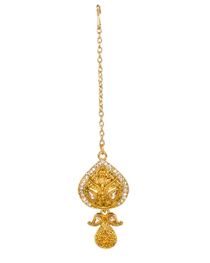 Traditional gold maang tikka featuring a teardrop-shaped design with intricate floral filigree, sparkling white stone accents, and a delicate paisley-inspired dangling drop, perfect for bridal and festive wear, displayed on a white background.