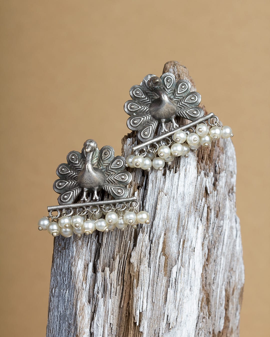 Oxidized Silver-tone Peacock Design Earrings