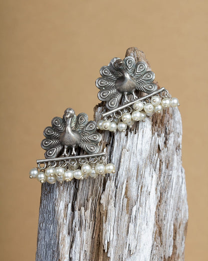 Oxidized Silver-tone Peacock Design Earrings