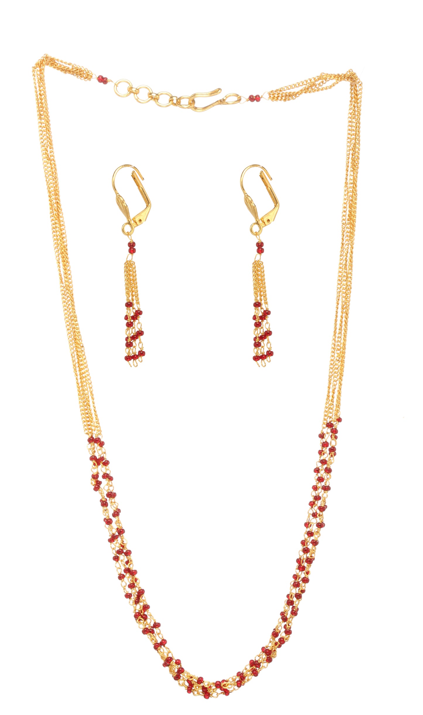 Front view bandhani gold plated fish hook lock top multi layer chain red beads earrings